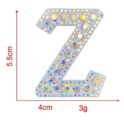 AB colour rhinestone letter emblem badge patch cloth sticker self-adhesive on white background