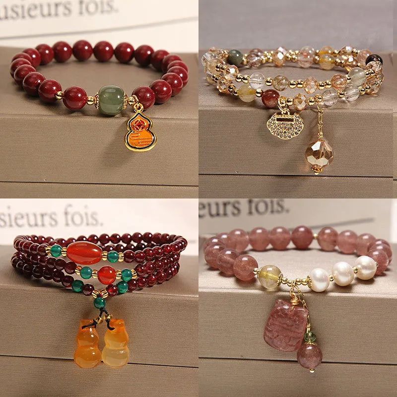 Korean-style natural garnet multi-layer crystal bracelet for women with pearl and quartz ornaments