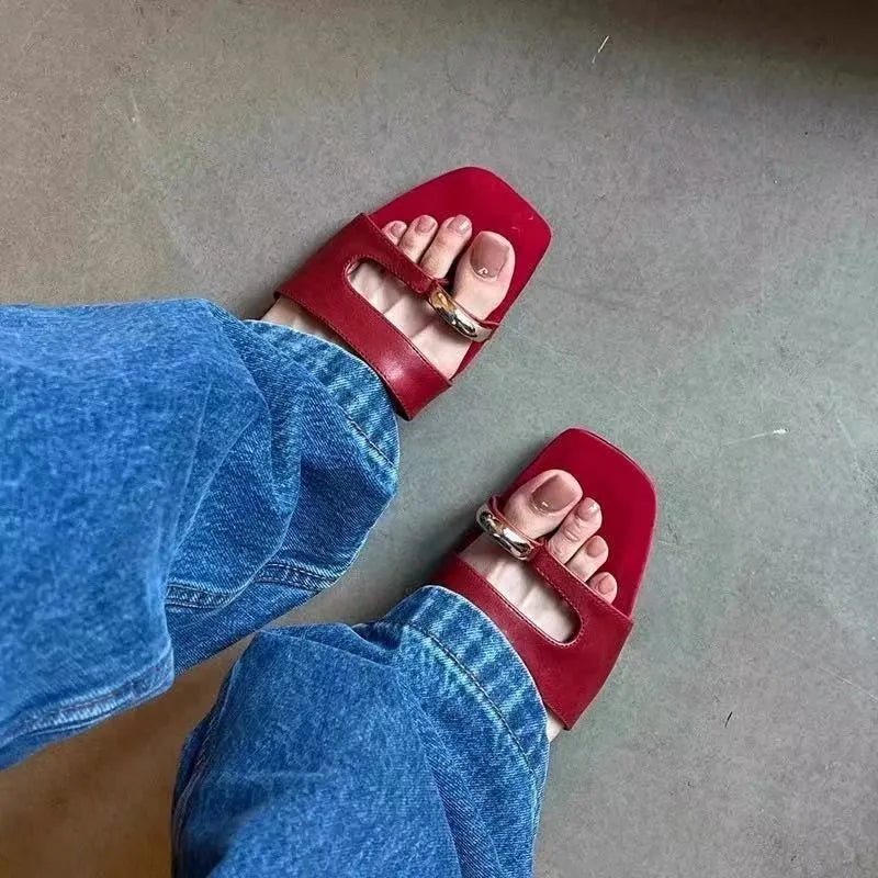Square toe leather and rubber plus size outdoor slippers in red, shown from the side.