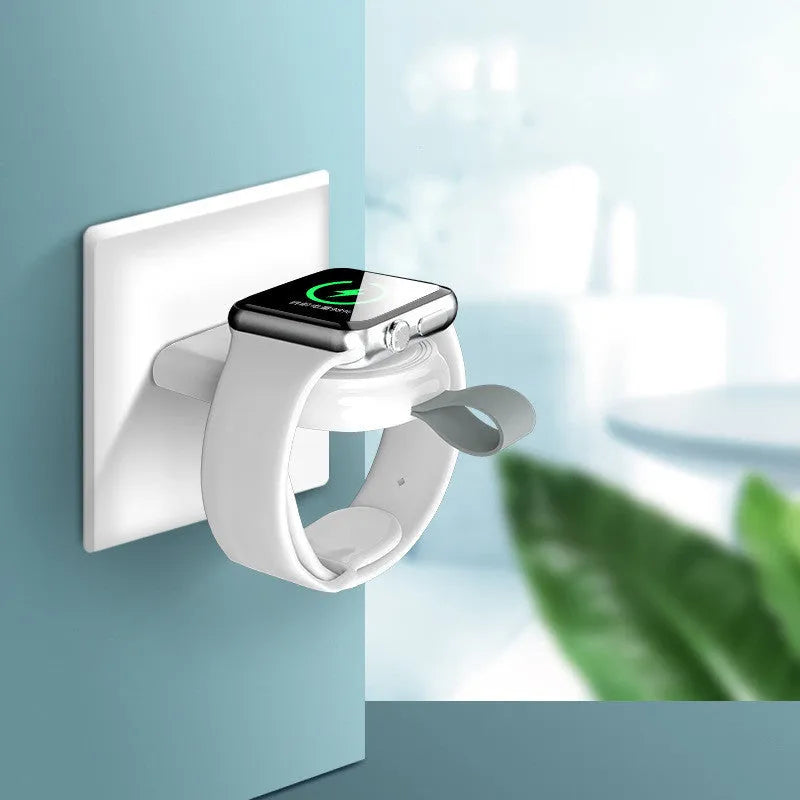 Portable white Apple Watch wireless charging dock with USB cable