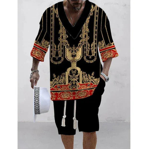Loose casual short sleeve suit set in polyester fabric showing top and shorts in available colour options