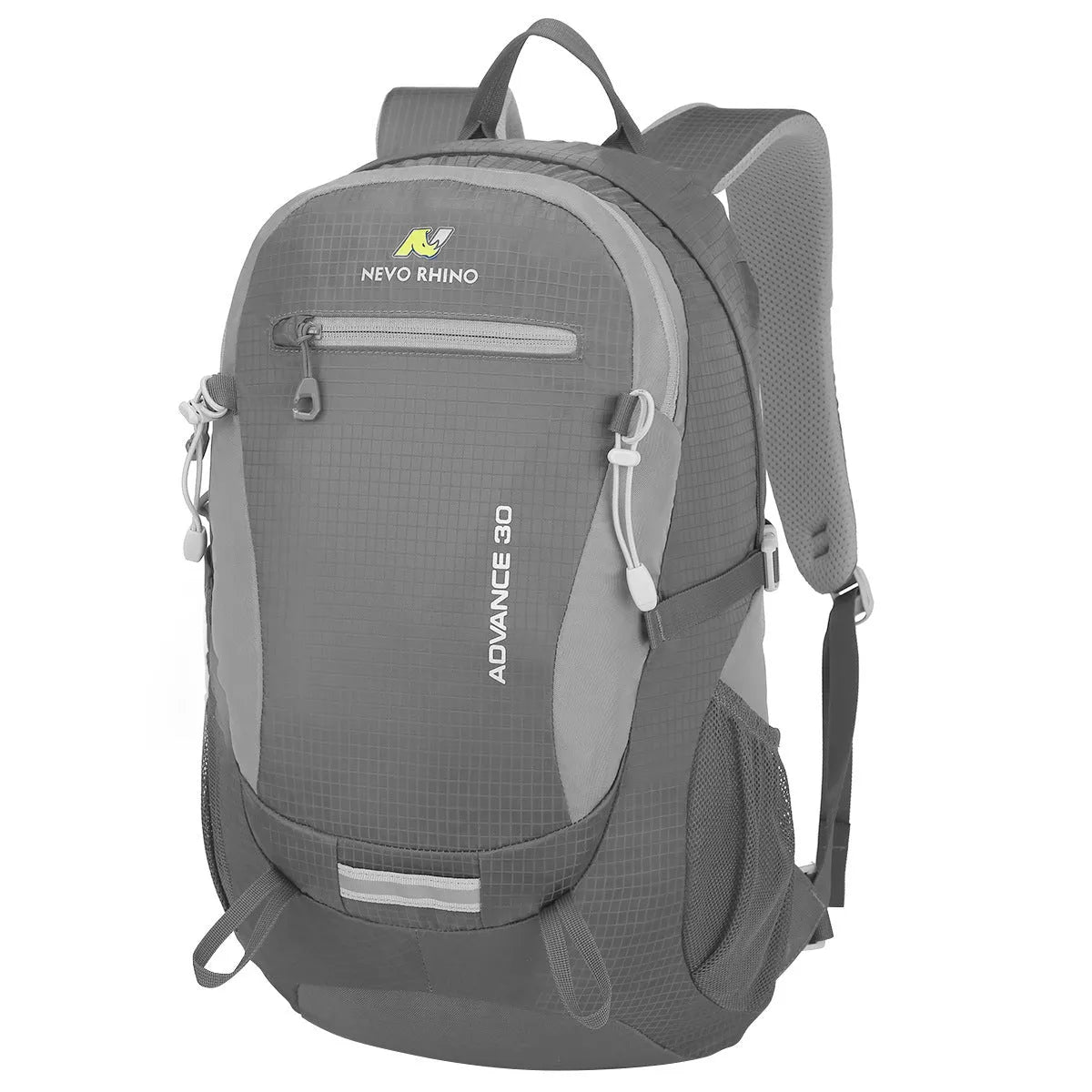 30 litre dark green nylon outdoor backpack with airpillow straps on a grey background.