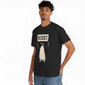 Straight-cut loose cotton T-shirt in black on a hanger, showing short sleeves and round neck.