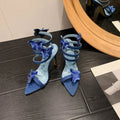 Women's denim blue pointed open toe high heels with snake-shaped roll rubber sole