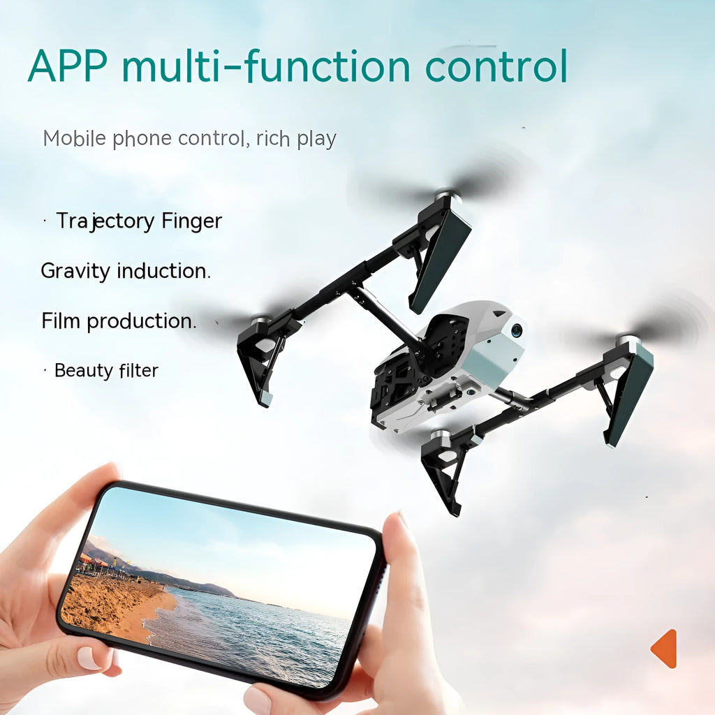 White KS66 alloy UAV drone with camera and remote control on grass, spare propellers and storage bag shown alongside.