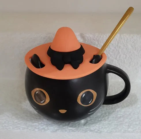 Black ceramic cat shape mug with pumpkin spoon couple decoration and 355ml capacity