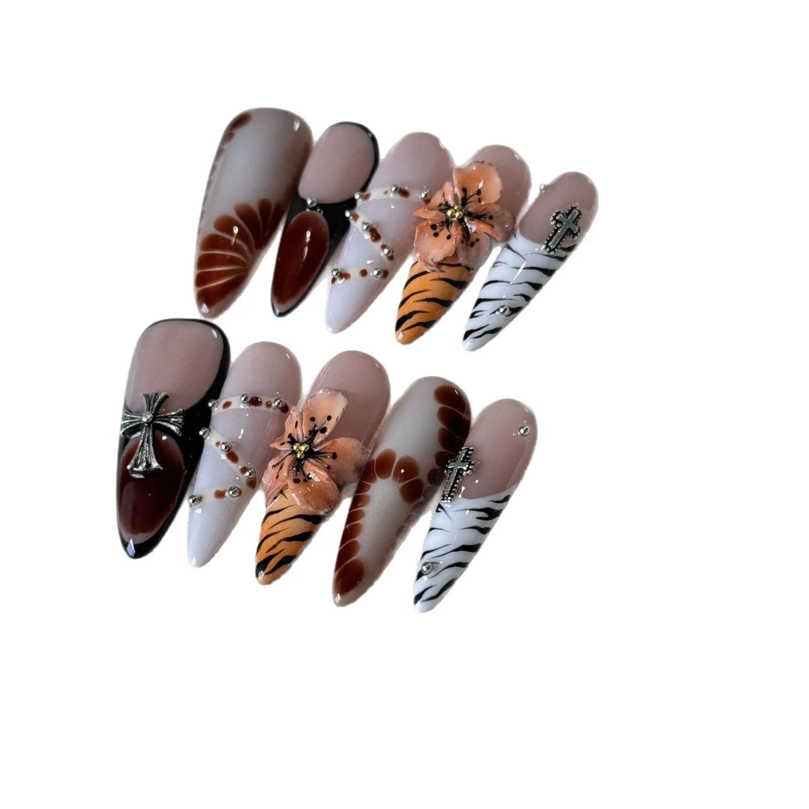 Handmade French style leopard print nail armour stickers with cross and flower patterns.