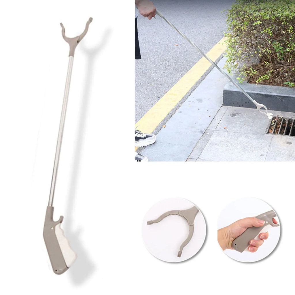 40cm long stainless steel and plastic garbage picker tool with push-type handle.