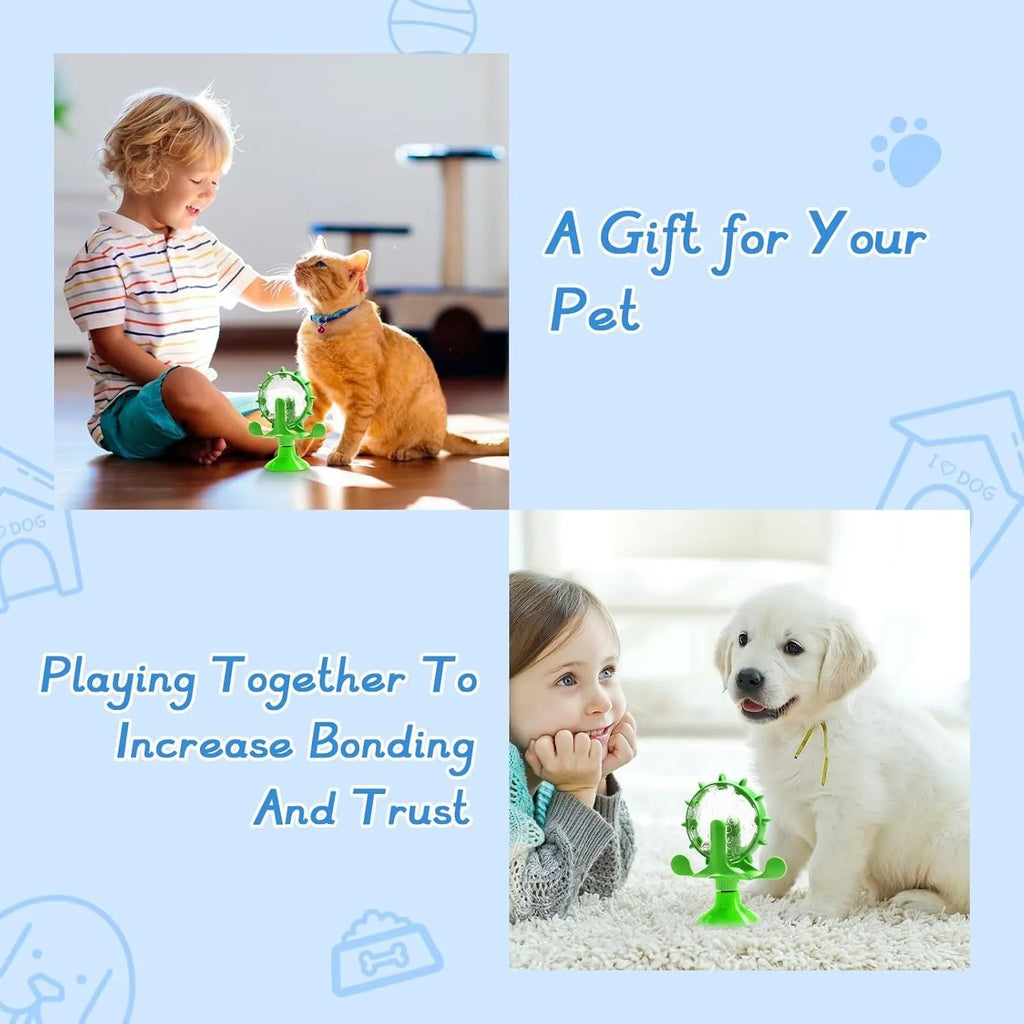 Interactive pet puzzle toy with spinner and sucker base in blue, green, red or yellow for cats and small dogs.