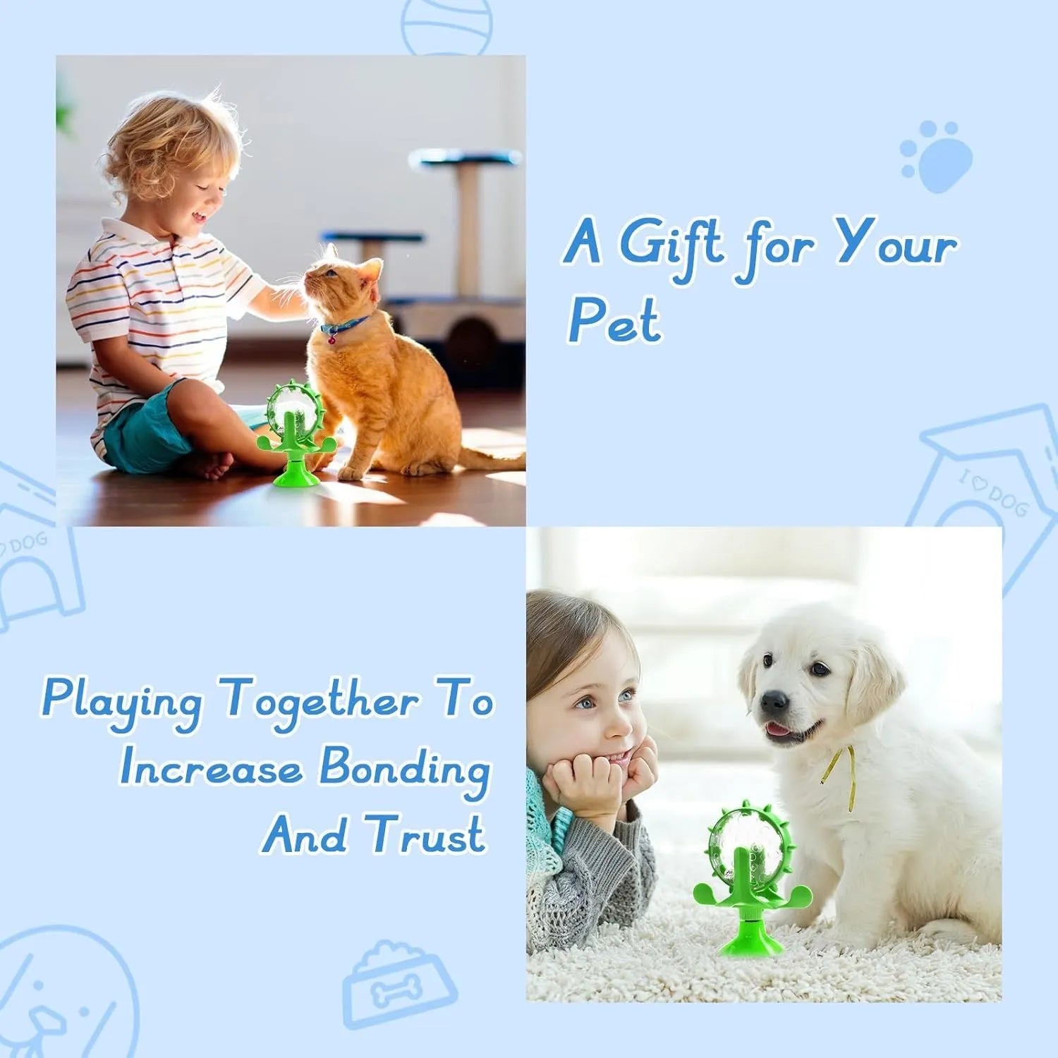 Interactive pet puzzle toy with spinner and sucker base in blue, green, red or yellow for cats and small dogs.