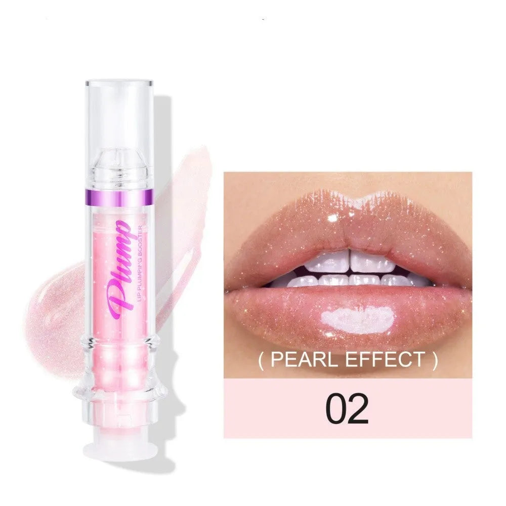 Lip gloss tube with mirror finish showing shiny application on lips