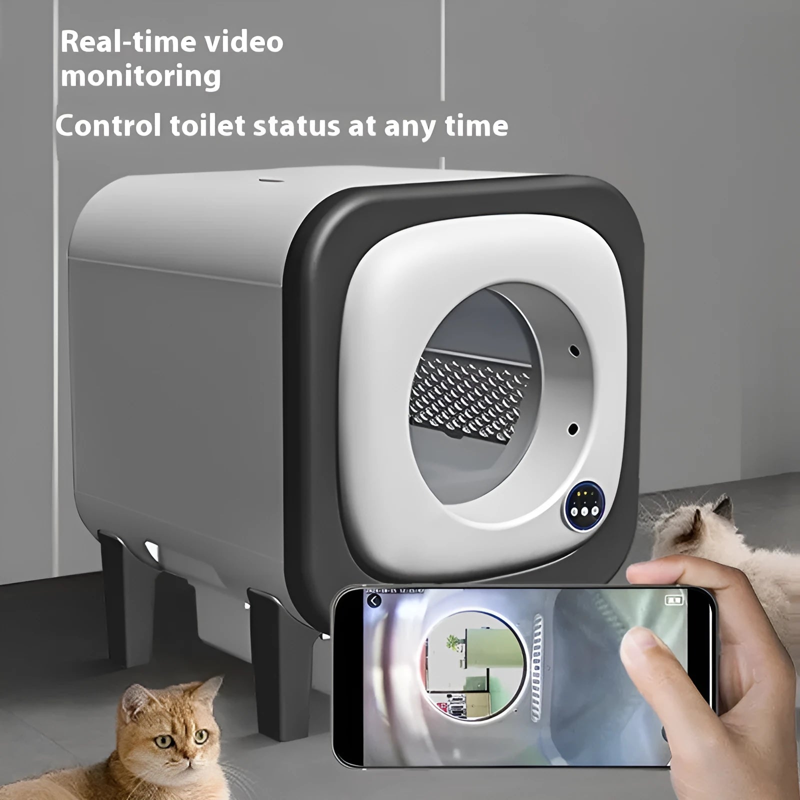 72-litre self-cleaning cat litter box with splash guard in black ABS plastic