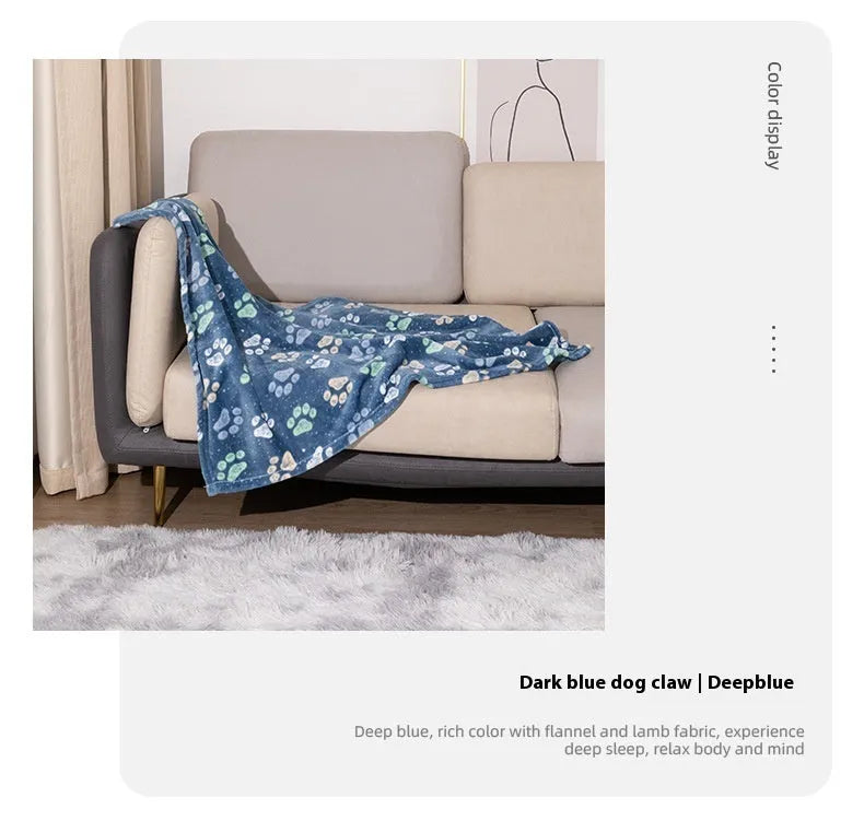 Blue cartoon dog pattern double-sided pet blanket shown on a dog bed, with size options 60x80cm, 100x120cm, 100x150cm.