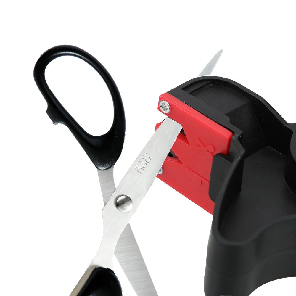 Black handheld knife and scissor sharpener with tungsten steel blade on white background