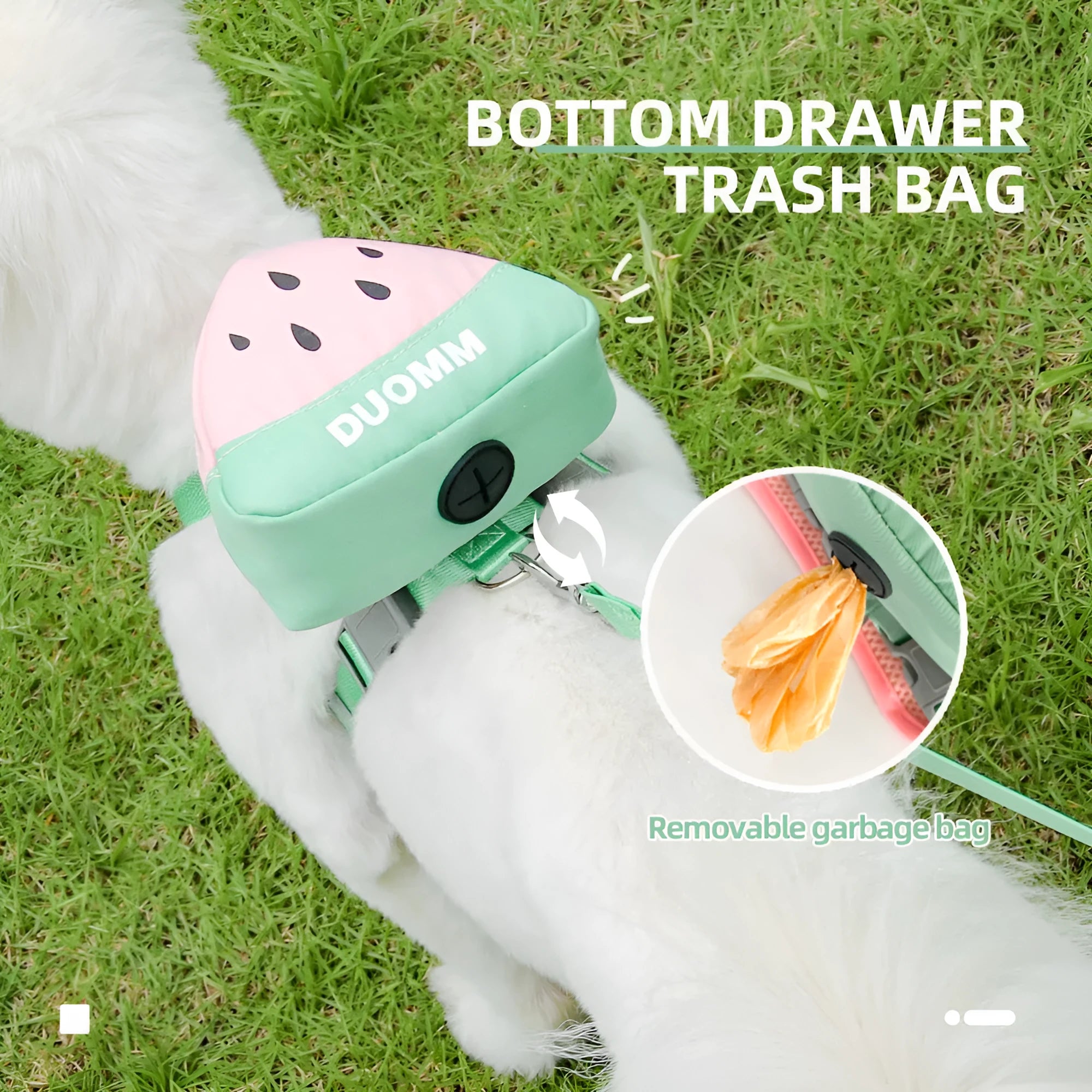 Fruit-themed pet backpack and matching anti-slip chest harness set for dogs and cats