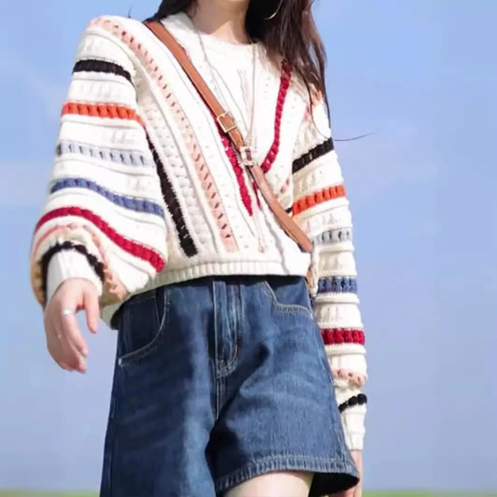 Rainbow striped loose fit sweater with batwing sleeves in round neck pullover style