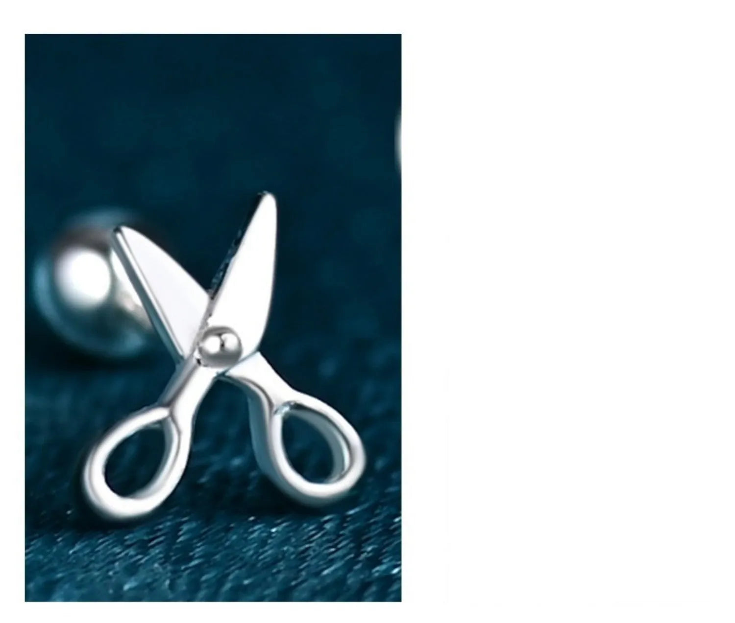 Pure silver ear nails with screw fitting showing miniature scissors and screw decorative designs