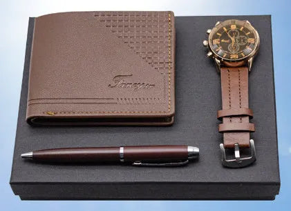 Creative holiday gift set showing wallet, pen, and watch in a brown and black modern gift box.