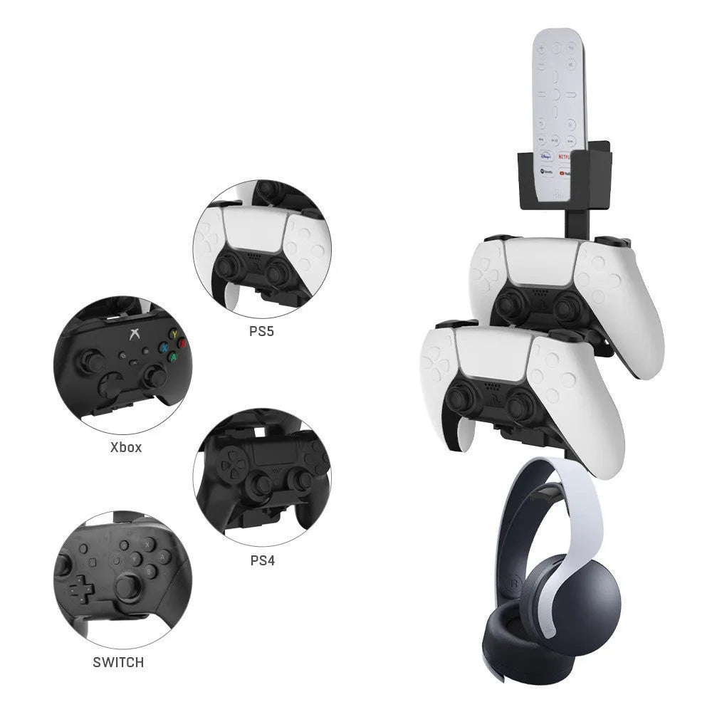 White ABS plastic wall hook holding a PS5 controller and headphones.