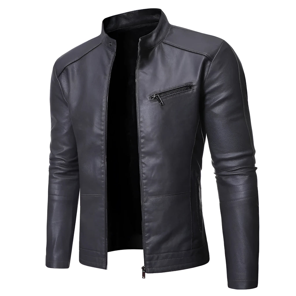Men's loose fit motorcycle leather jacket with lapel collar and front zipper in black