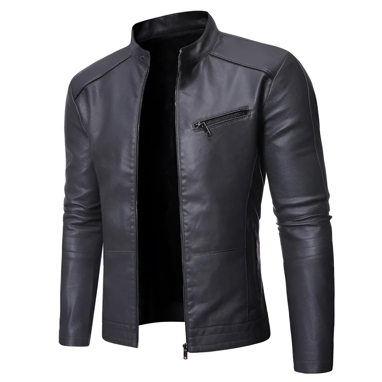 Men's loose fit motorcycle leather jacket with lapel collar and front zipper in black