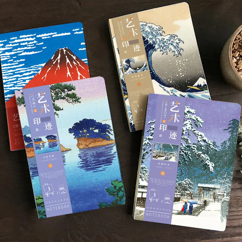 Ukiyo-e art hand ledger notebook open showing retro Japanese wave print cover and lined Daolin paper pages.
