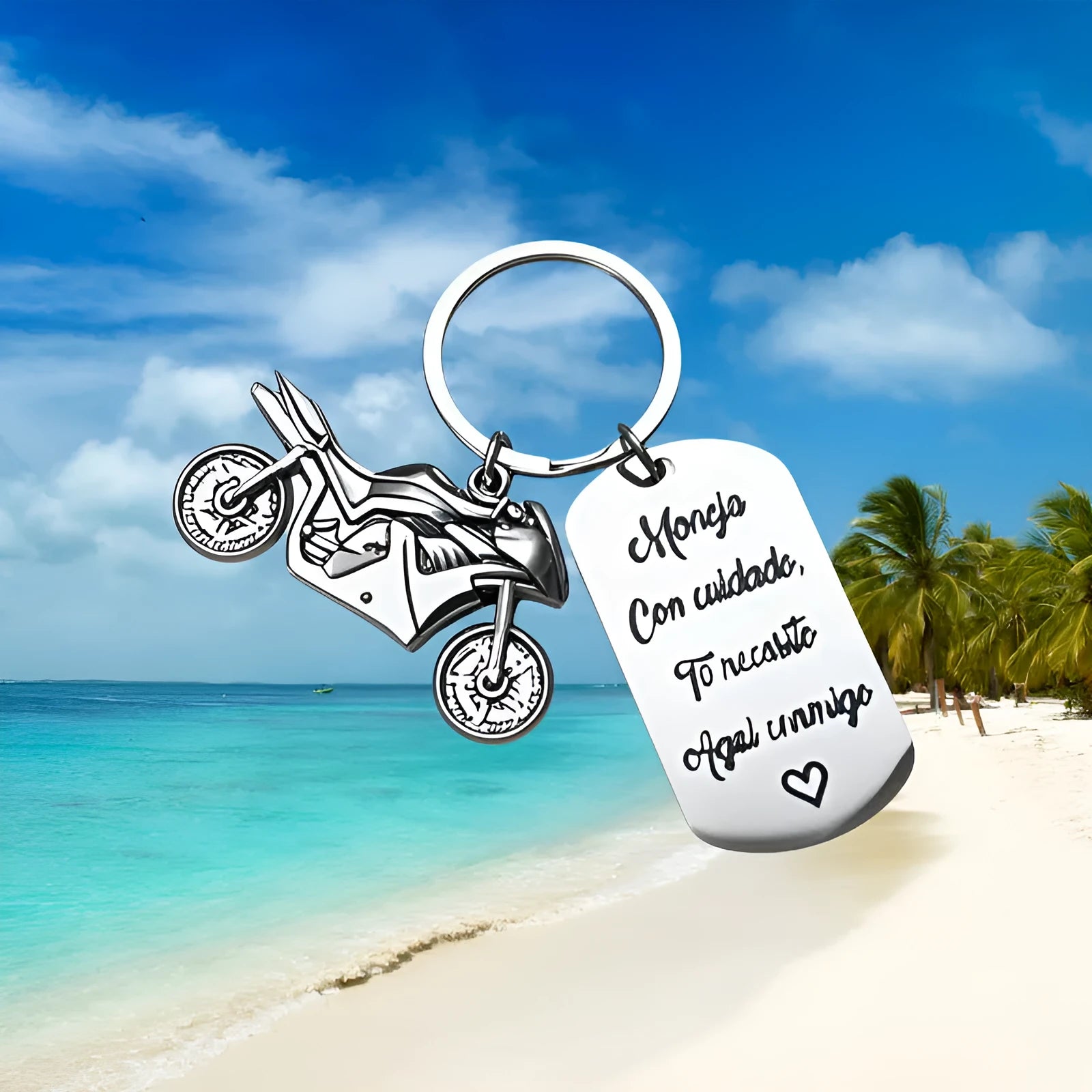 Stainless steel motorcycle keychain with modern design and included flannel gift bag.
