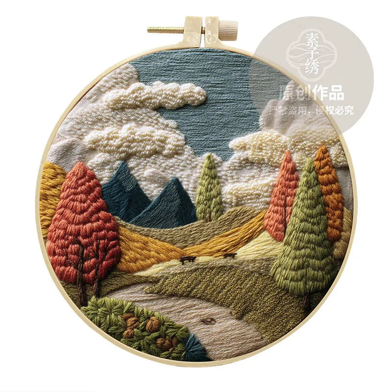 Embroidery DIY kit with 15cm bamboo frame, cotton linen fabric, and landscape design for handmade cloth art