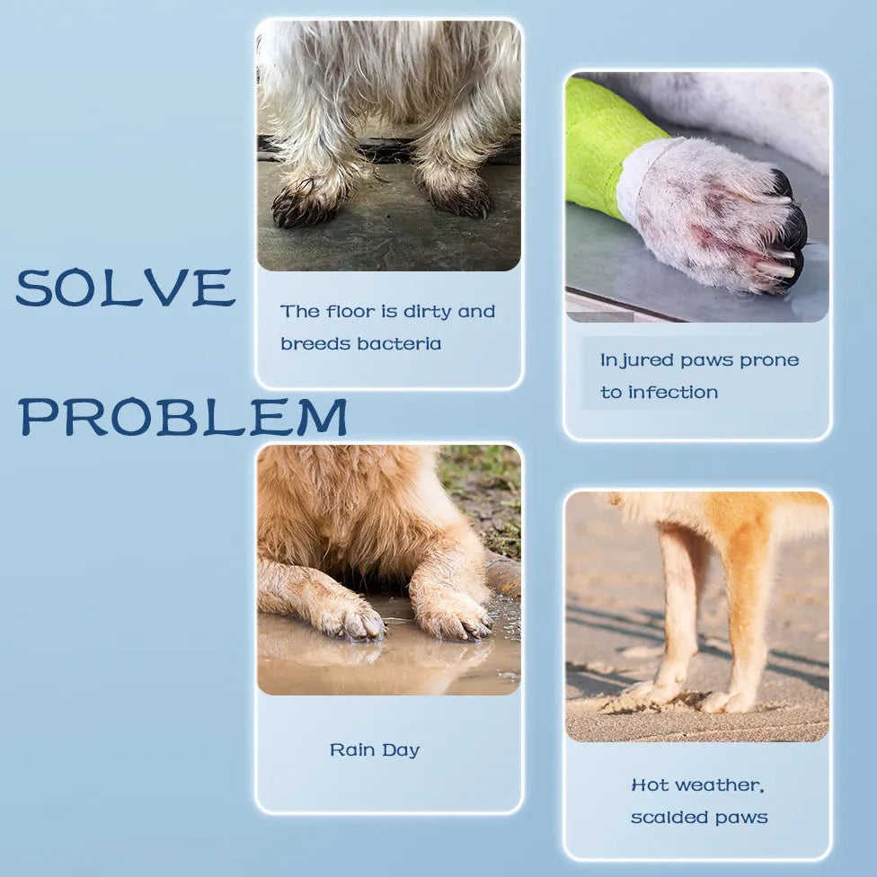 Four waterproof silicone dog rain boots in blue, grey, light blue and pink on a white background