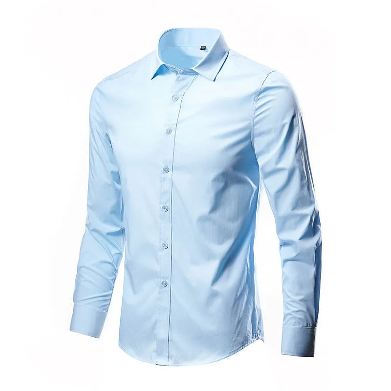 Man's long-sleeve loose-fit linen shirt in a light colour, showing the button front and relaxed silhouette.