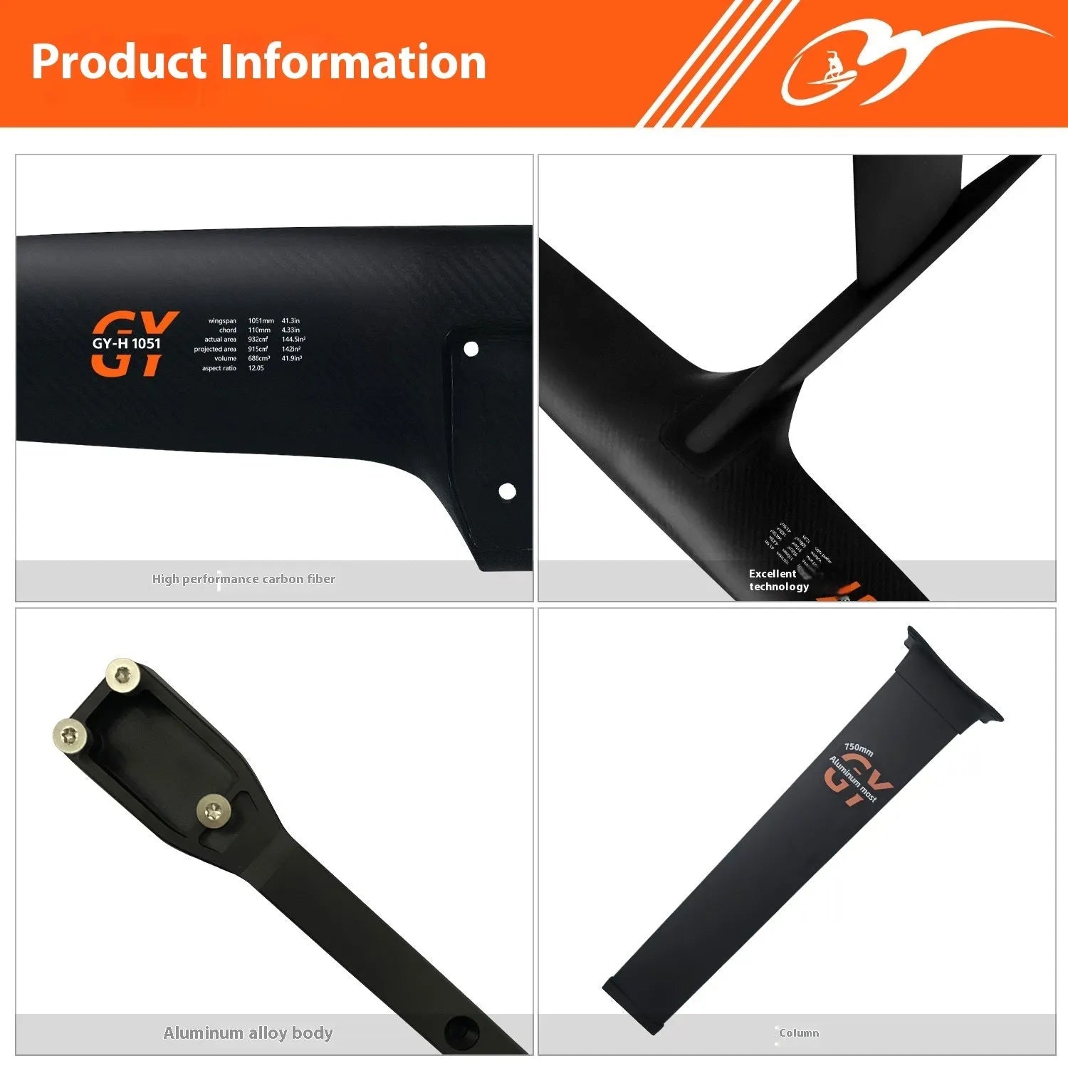 Black aluminium alloy and carbon fibre racing surfboard hydrofoil with large front wing.