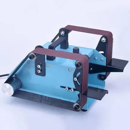 Blue desktop dual-axis belt sander with a 750W motor and variable speed control for knife sharpening