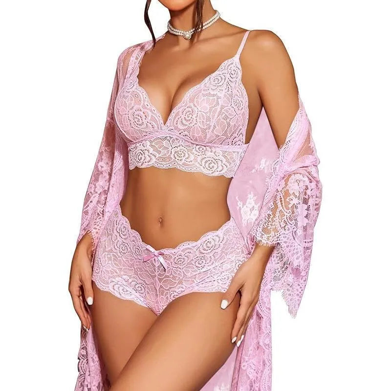 Ladies lace underwear set in apricot colour showing front detail, made from soft polyester fabric.