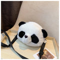Soft plush crossbody bag with panda head design, shown in cylindrical shape.