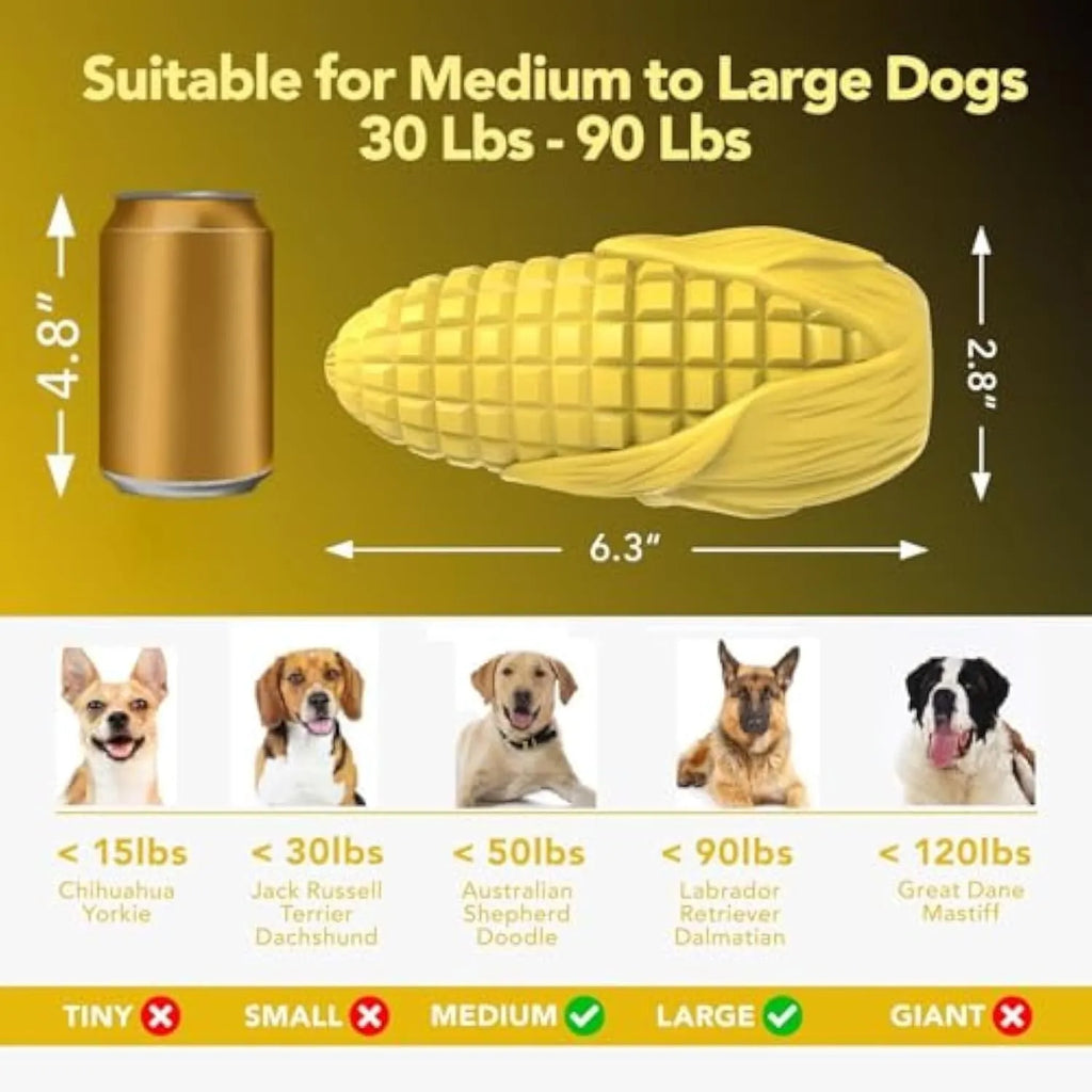 Corn stick shaped dog chew toy in blue or yellow colour with textured surface grooves