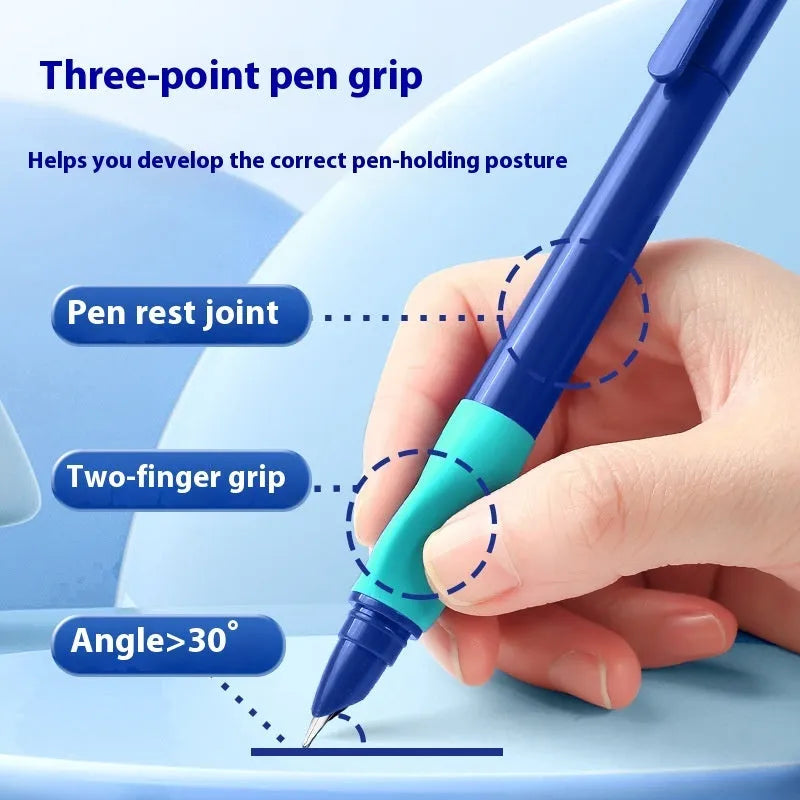 Student Posture Correction Pen with triangular grip in blue, green, purple, and orange options.