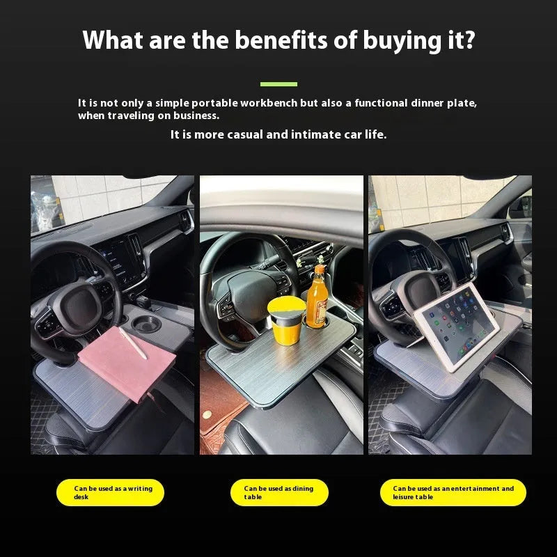 Black foldable car steering wheel laptop stand with a drink cup holder on a table.