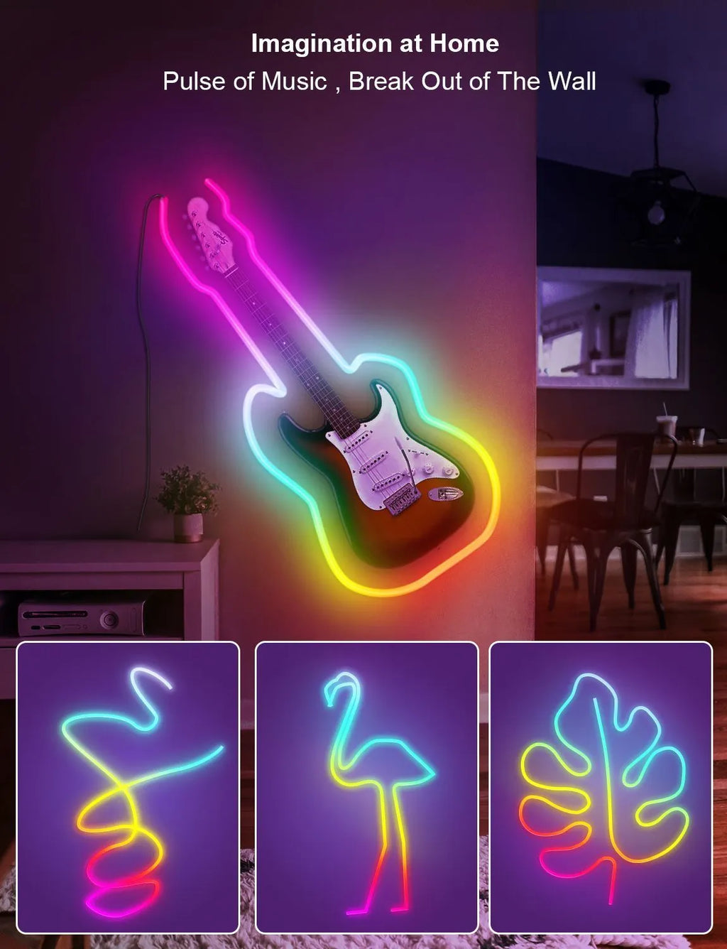 3-metre long RGB magic colour LED neon strip light with remote control on a dark background.