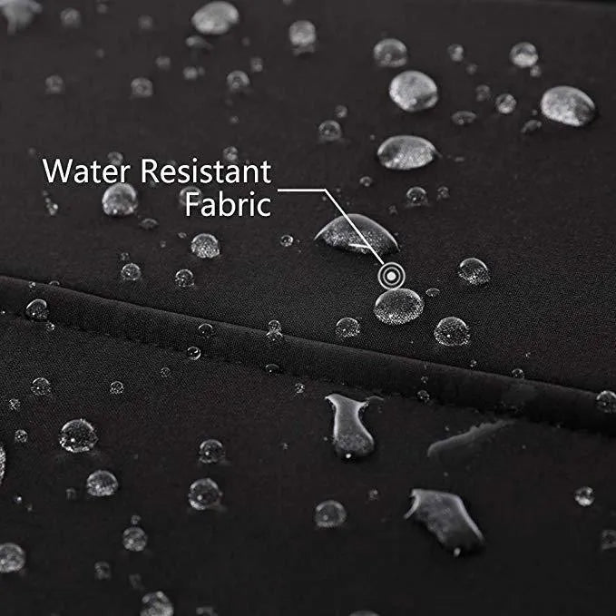 Black men's winter waterproof coat with zip pockets and long sleeves on a size chart.