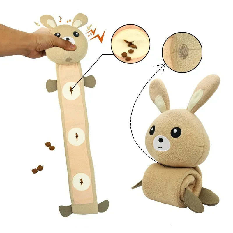 Fleece Rabbit plush dog toy with squeaker for training and food hiding games