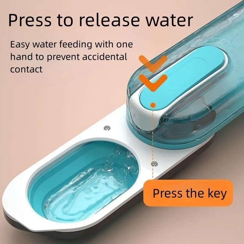Portable dog water bottle with foldable drinking bowl in blue, grey or pink colours for outdoor pet walking