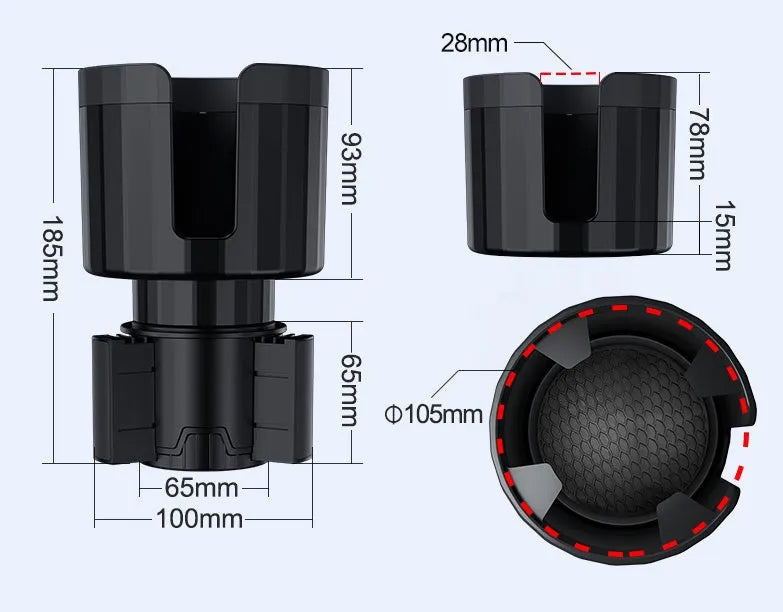 Matte black ABS car cup holder expander with adjustable base for extra large bottles