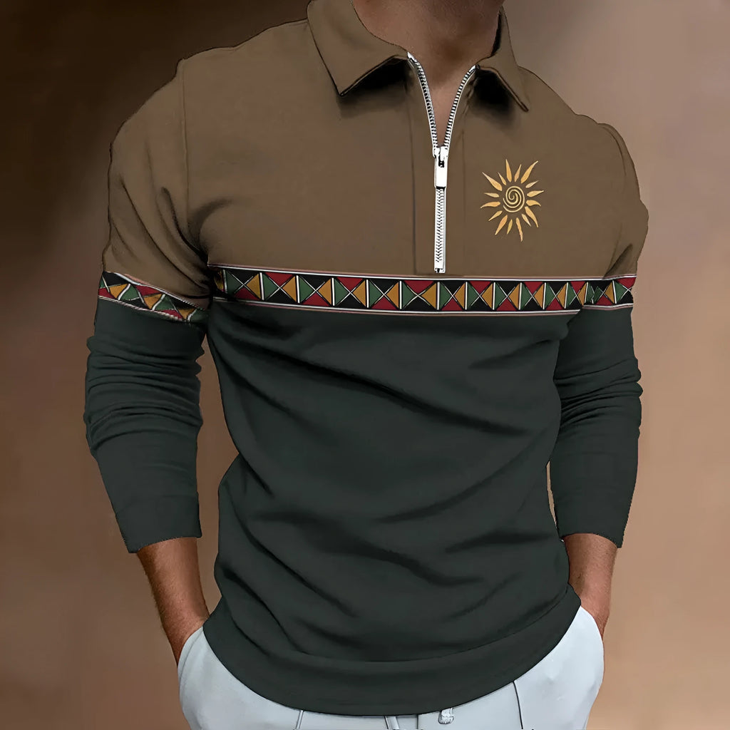 Men's retro print loose fit long sleeve t-shirt with striped pattern and zip decoration