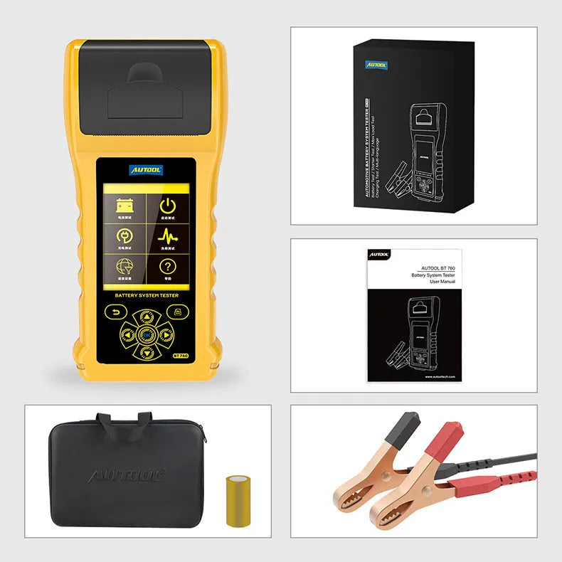 Autool BT760 digital battery tester with colour screen, thermal printer, and red and black battery clips.