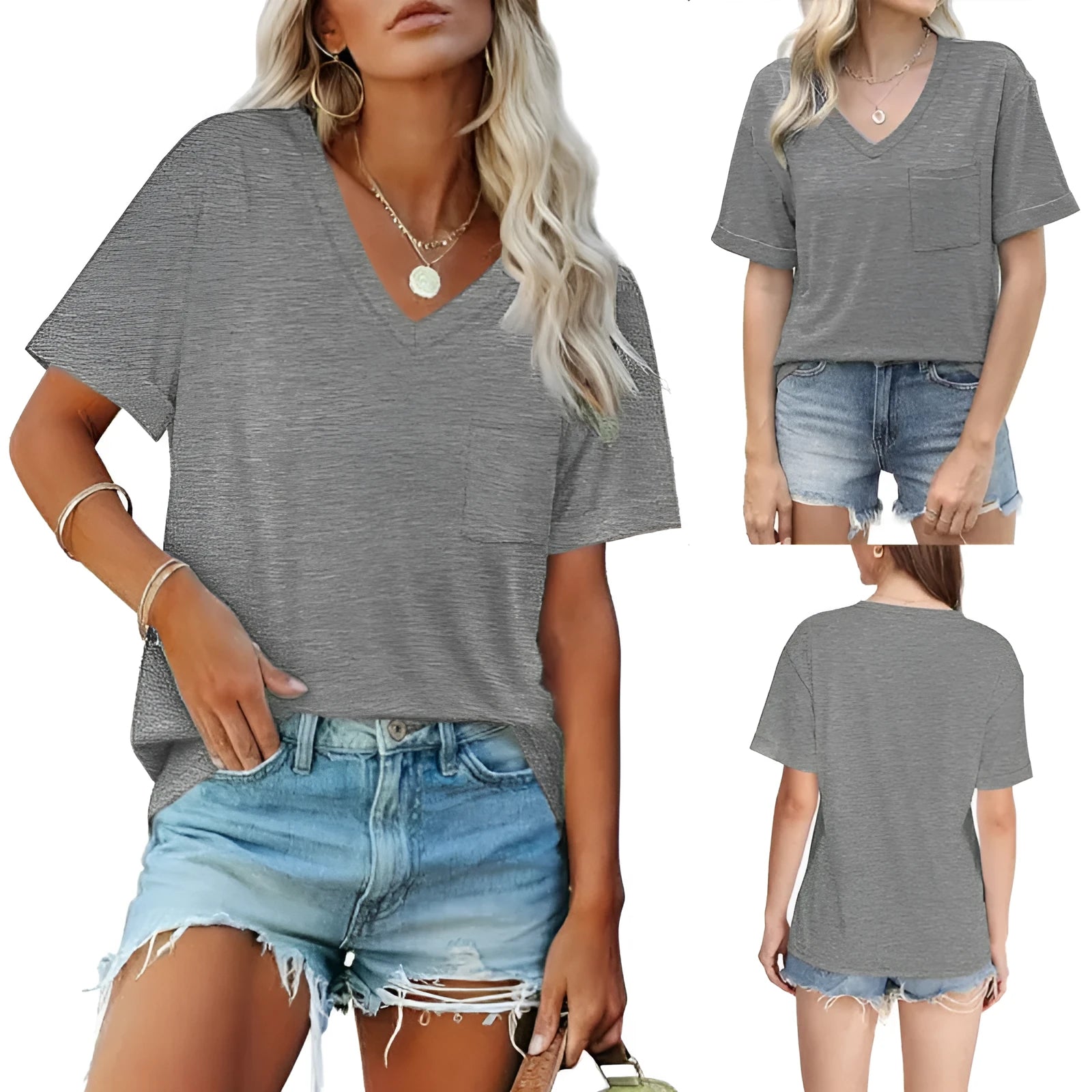 Grey loose-fit V-neck T-shirt with a chest pocket on a solid background