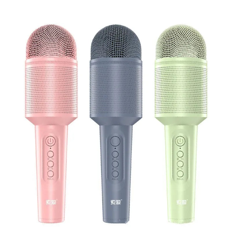 Wireless Bluetooth karaoke microphone in pink, blue, or green with USB connection