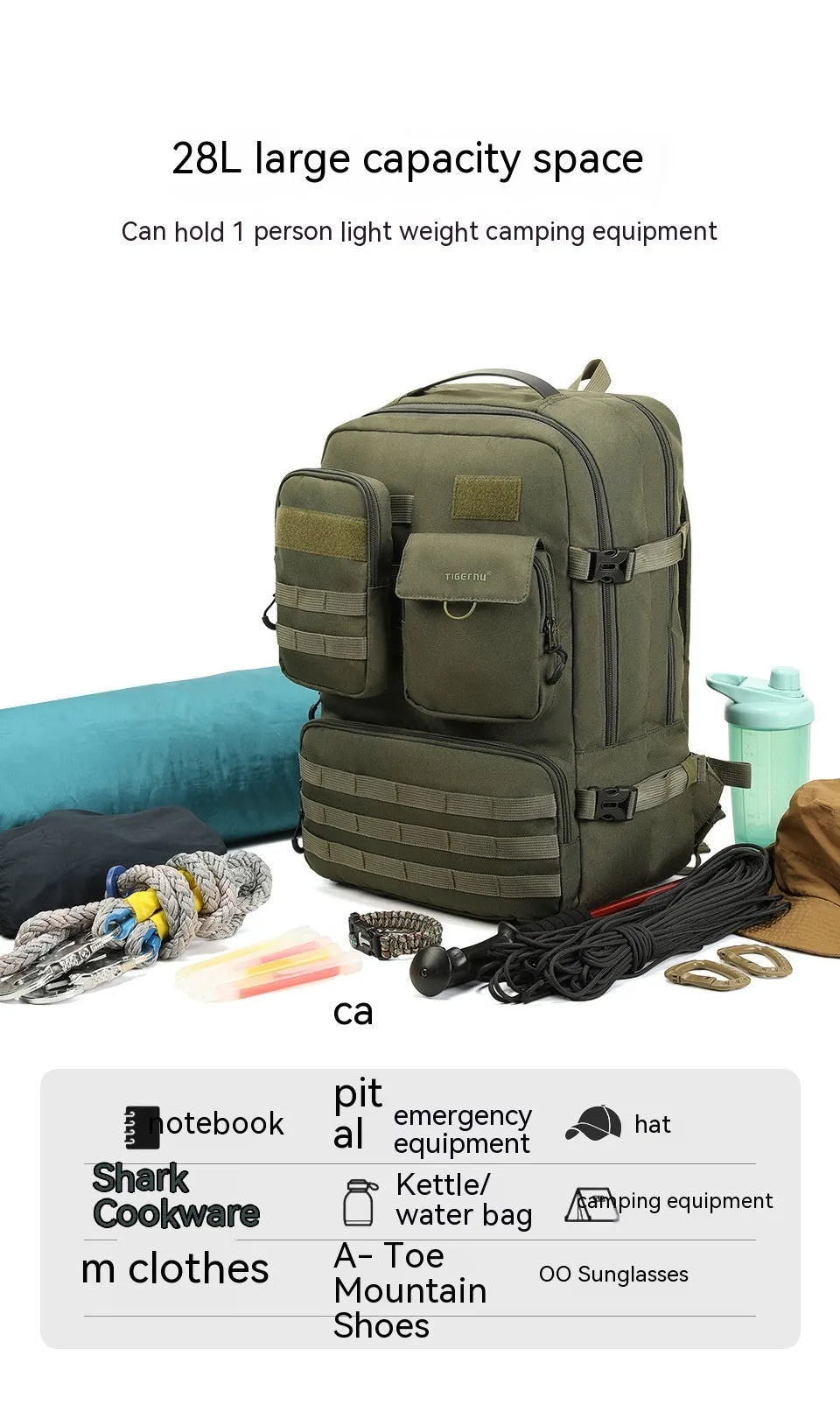 Army green tactical backpack with 17-inch laptop compartment and 35-litre capacity