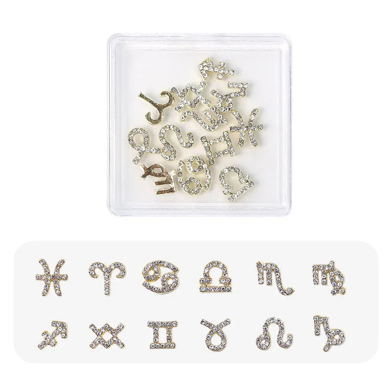 12 Constellation Nail Art Accessories set of metal alloy Princess Series decals with letters pattern in gold tone