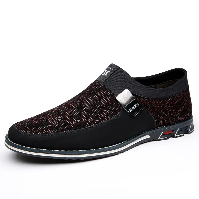 Men's grey and white low-top casual shoes with a square toe and flat rubber sole.