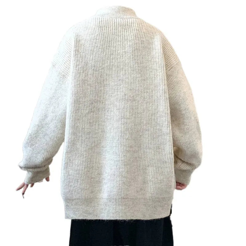 Men's casual stand collar cardigan sweater in beige, sizes M to 3XL, made from Vinylon fabric